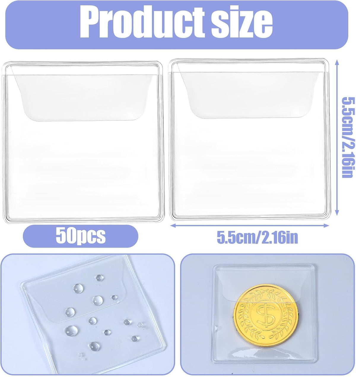 50 Pack Plastic Coin Sleeves, 2.1 x 2.1 Inch Clear Plastic Coin Protectors Small Pouches for Coins Holder Storage Individual Coins Holders for Currency Bills Collectors