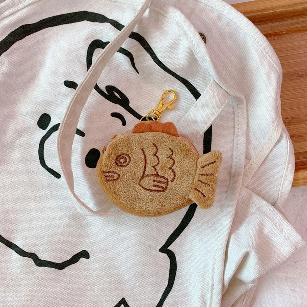 1Pc Brown Cute Plush Coin Purse Keychain, Mini Wrist Purse Bag, Japanese Creative Adjustable Soft Taiyaki Coin Pendant With Zipper Plush Pouch for Girl Women's Coin Purses and Pouches, Fish