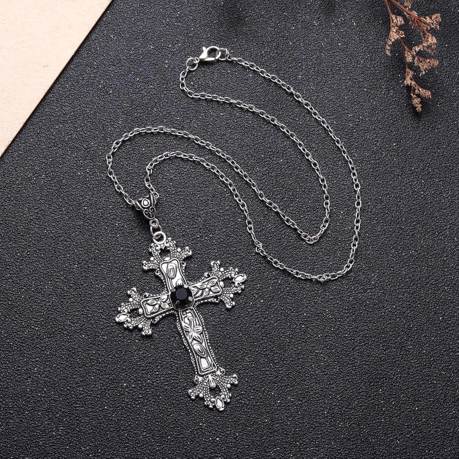 Kvekstio Vintage Gothic Cross Necklace for Women Men – Large Antique Silver Crucifix Pendant with Black Crystal, 20" Chain Punk Statement Jewelry Gift for Christian, Perfect for Christmas Halloween