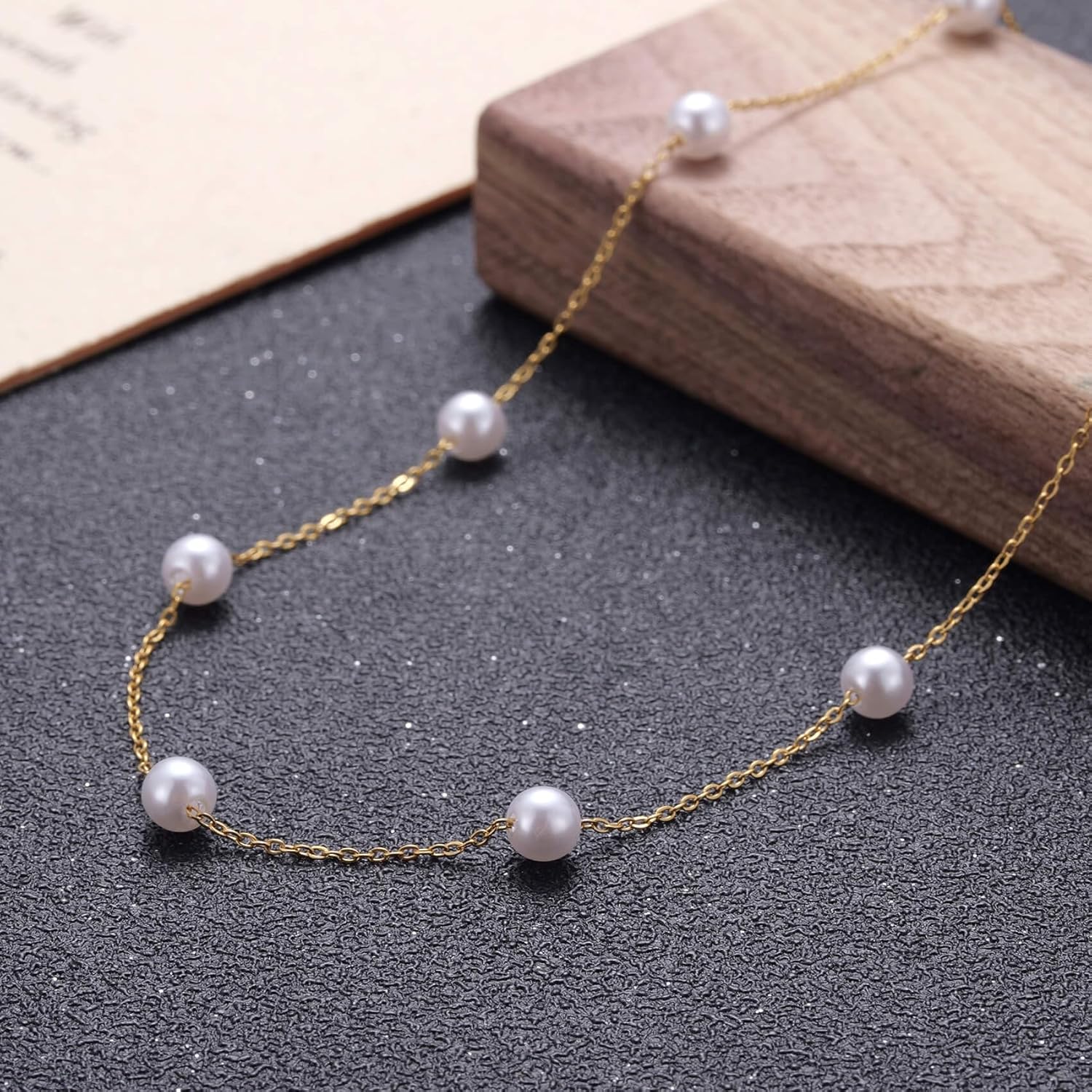 Gold-Plated Floating Pearl Necklace for Women – Minimalist Imitation White Pearls Chain, Station Pearl Necklace Gift for Bride Bridesmaids Mom Wife Daughter, Wedding Birthday Christmas