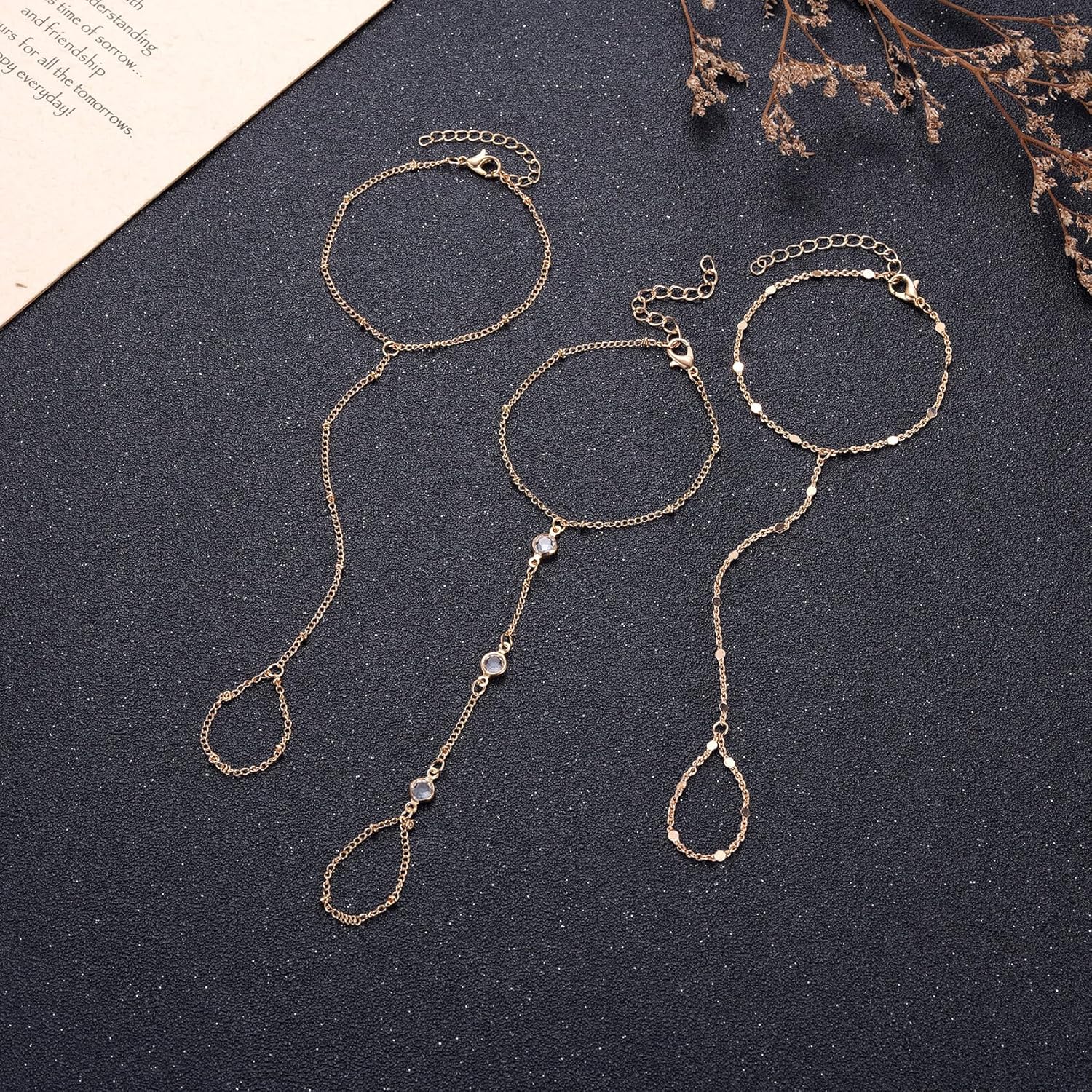 3 Pack Gold Hand Chain Bracelet Set for Women – Dainty Layered Finger Ring Bracelets, Boho Wrist Accessory for Wedding Prom Beach Party, Elegant Hand Jewelry Gift for Bridesmaids Daughter