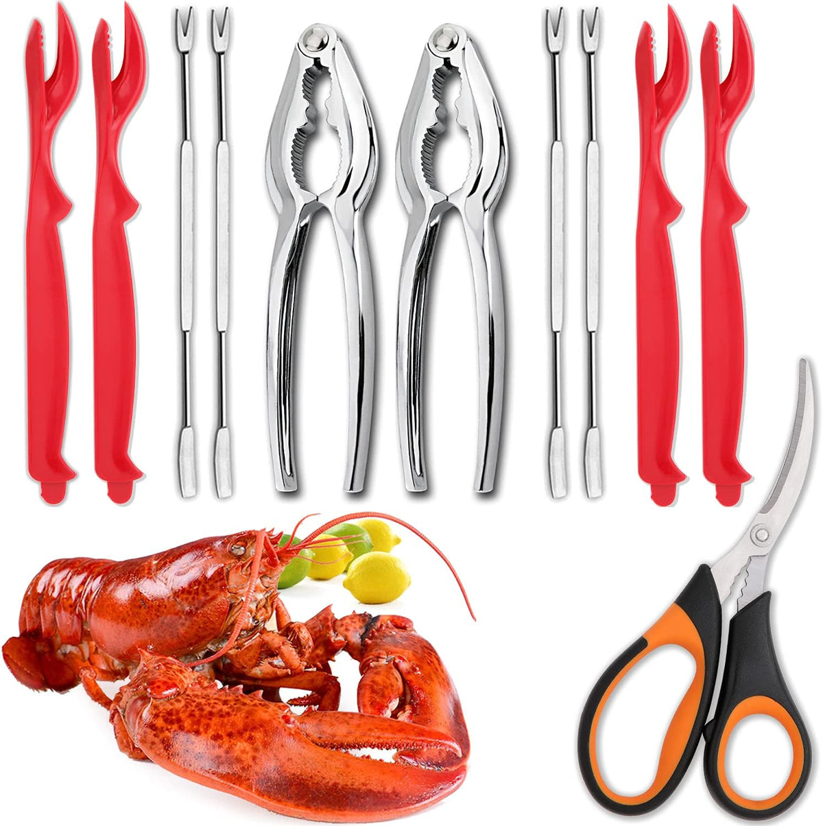 4-Person Seafood Tools Set includes 2 Crab Crackers, 4 Lobster Shellers, 4 Crab Leg Forks/Picks and 1 Seafood Scissors - Nut Cracker Set