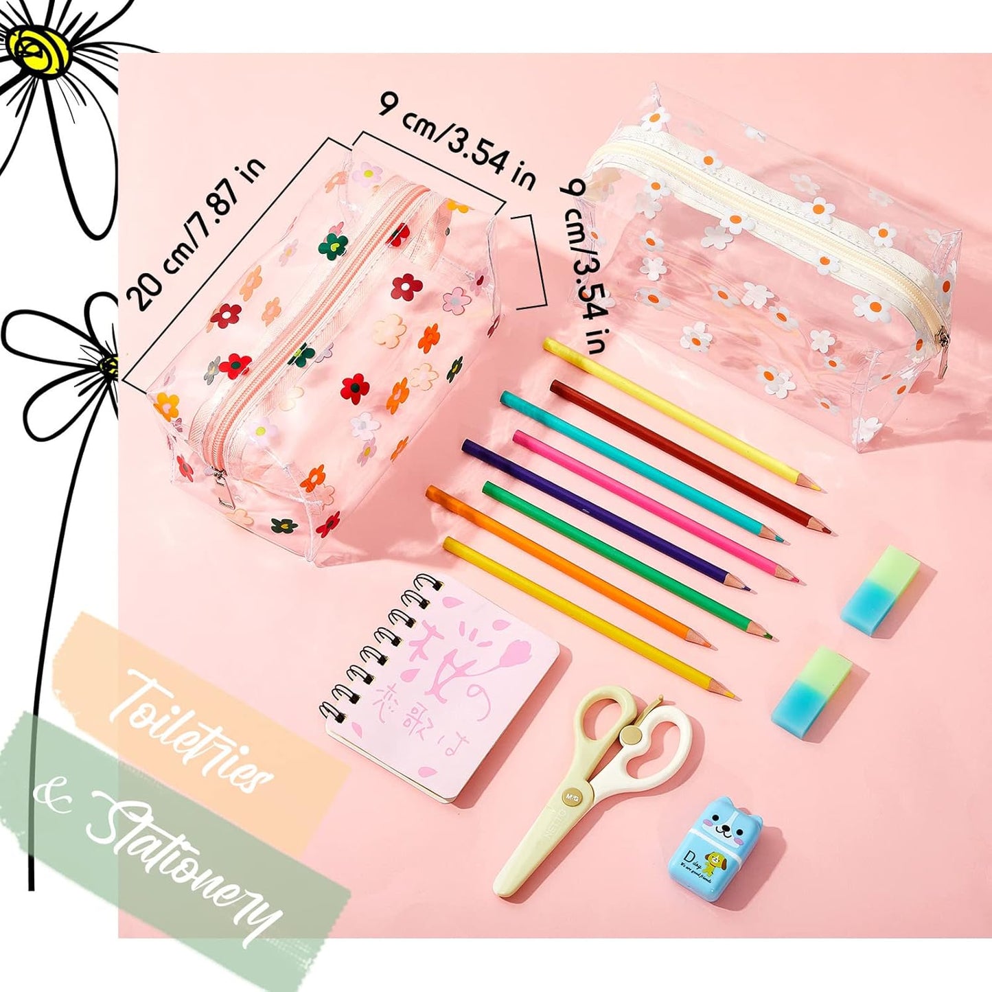 Amylove 2 Pack Cute Flower Makeup Bags Daisy Zipper Pouches Floral Pencil Pouch Portable Toiletry Pouches for Women Travel Vacation Bathroom School Organizing(Daisy)