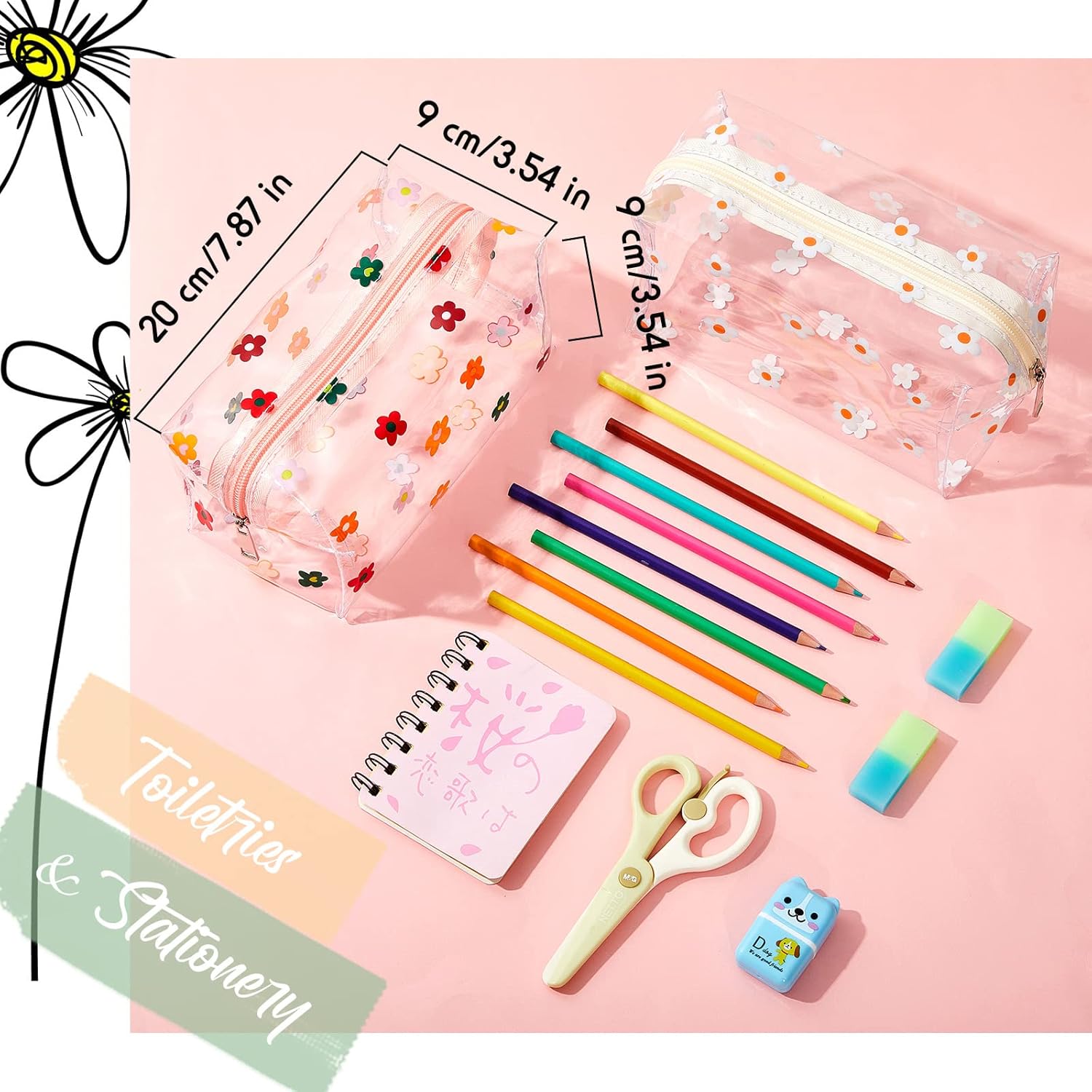 Amylove 2 Pack Cute Flower Makeup Bags Daisy Zipper Pouches Floral Pencil Pouch Portable Toiletry Pouches for Women Travel Vacation Bathroom School Organizing(Daisy)