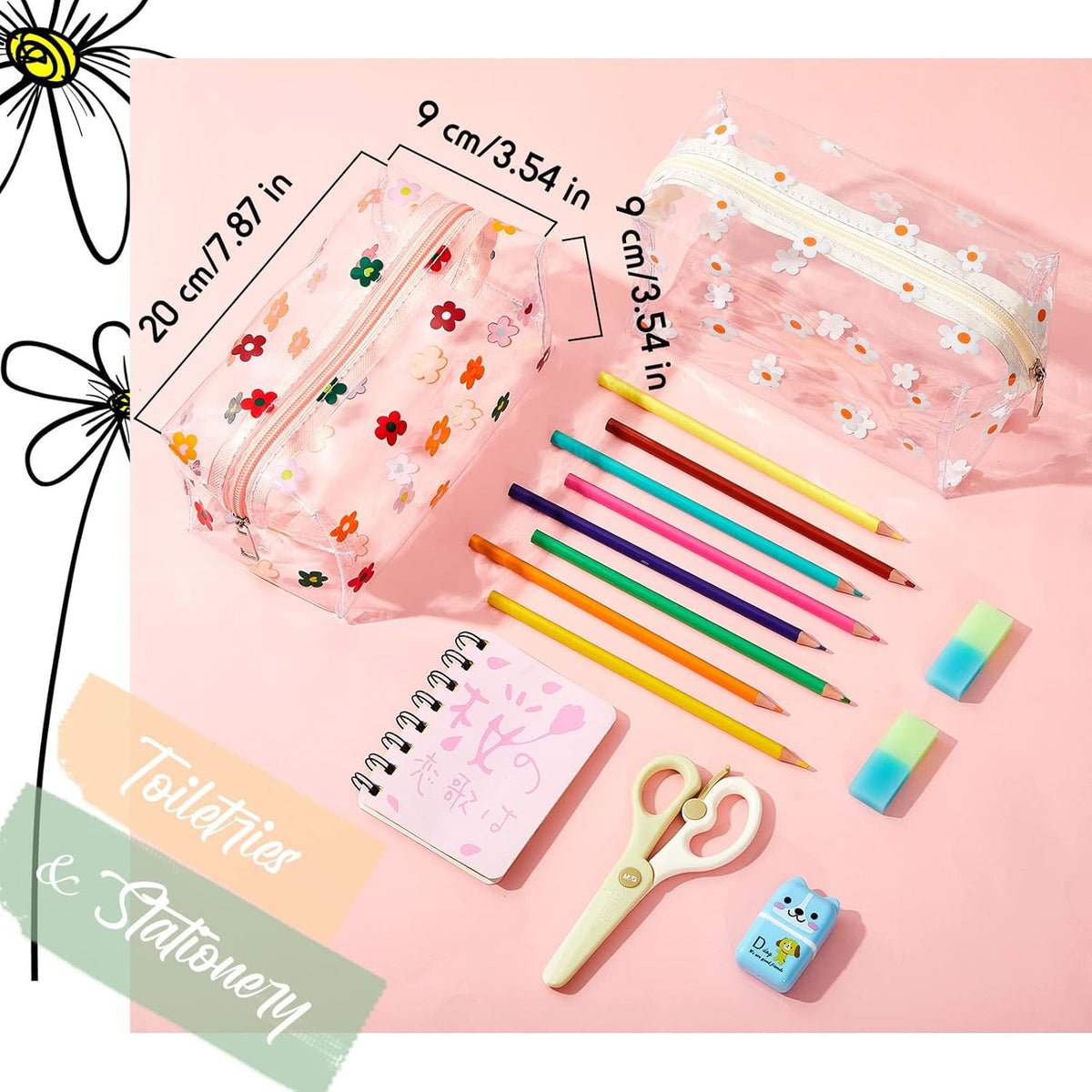 Amylove 2 Pack Cute Flower Makeup Bags Daisy Zipper Pouches Floral Pencil Pouch Portable Toiletry Pouches for Women Travel Vacation Bathroom School Organizing(Daisy)
