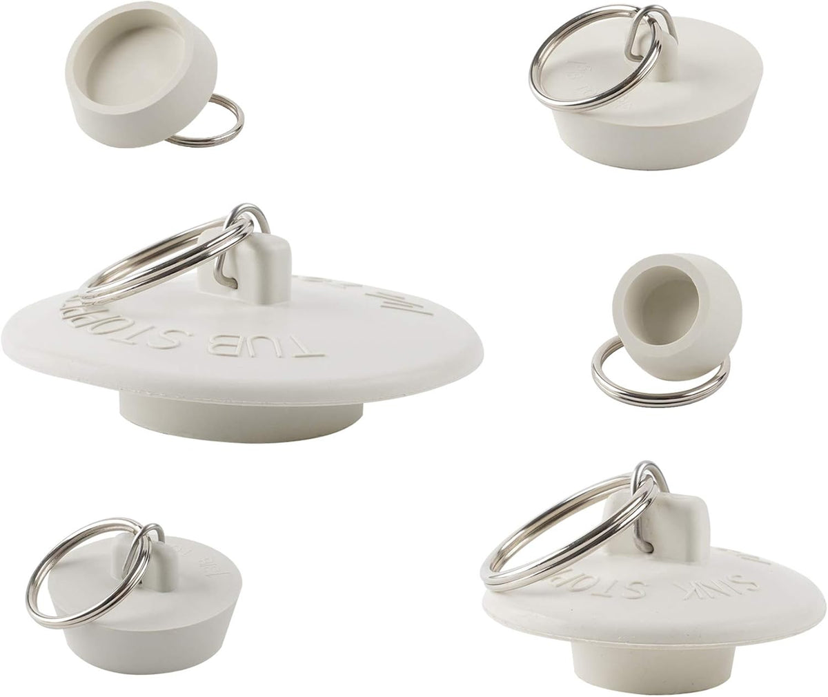 6 Pieces Drain Stopper, Rubber Kitchen Sink Drain, Sink Stopper Drain Plug with Pull Ring for Kitchen, Bathtub, Bathroom and Laundry Sink in 6 Different Sizes, White