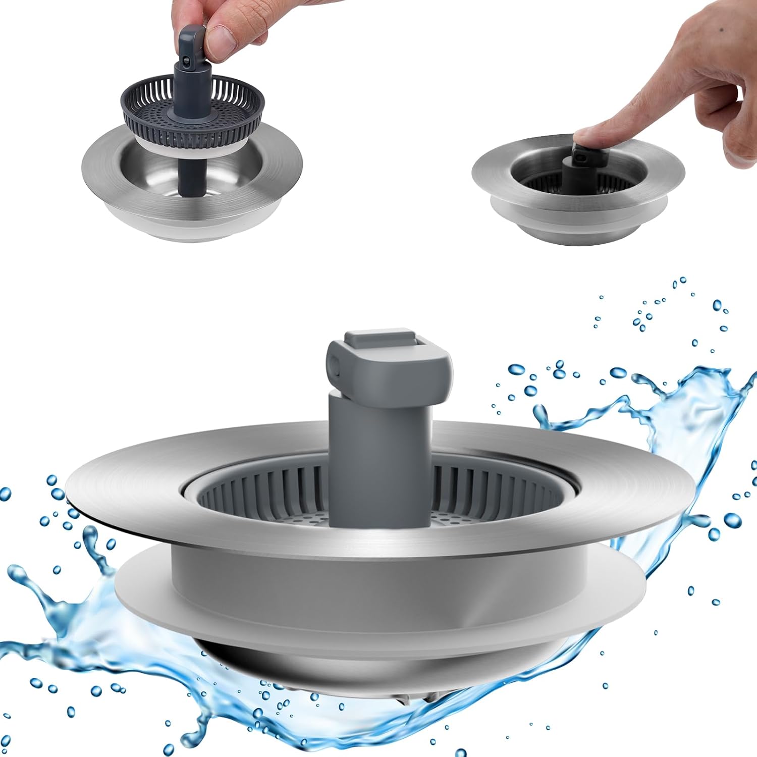 Upgraded 3 in 1 Kitchen Sink Drain Strainer and Stopper Combo, Stainless Steel Metal Pop Up Sink Stopper, Anti-Clogging Basket with Foldable Handle for US Standard 3-1/2 Inch Drain