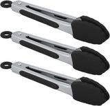 Small Serving Tongs with Silicone Tips 7 Inch Mini Stainless Steel Food Tongs, Set of 3 (Black)