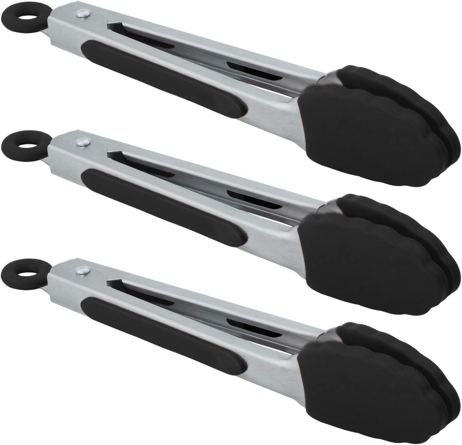 Small Serving Tongs with Silicone Tips 7 Inch Mini Stainless Steel Food Tongs, Set of 3 (Black)