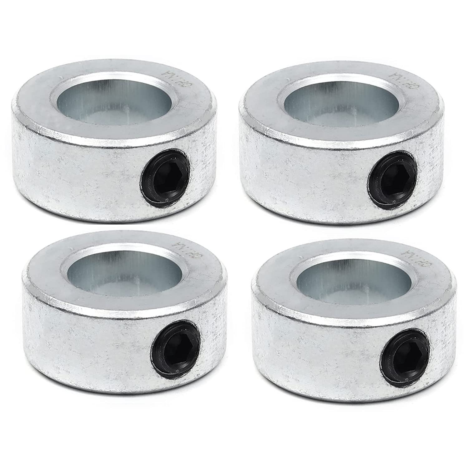 Four zinc-plated solid steel shaft collars with 5/8 inch bore.