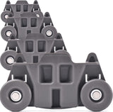 Four black dishwasher lower rack wheels with metal screws.