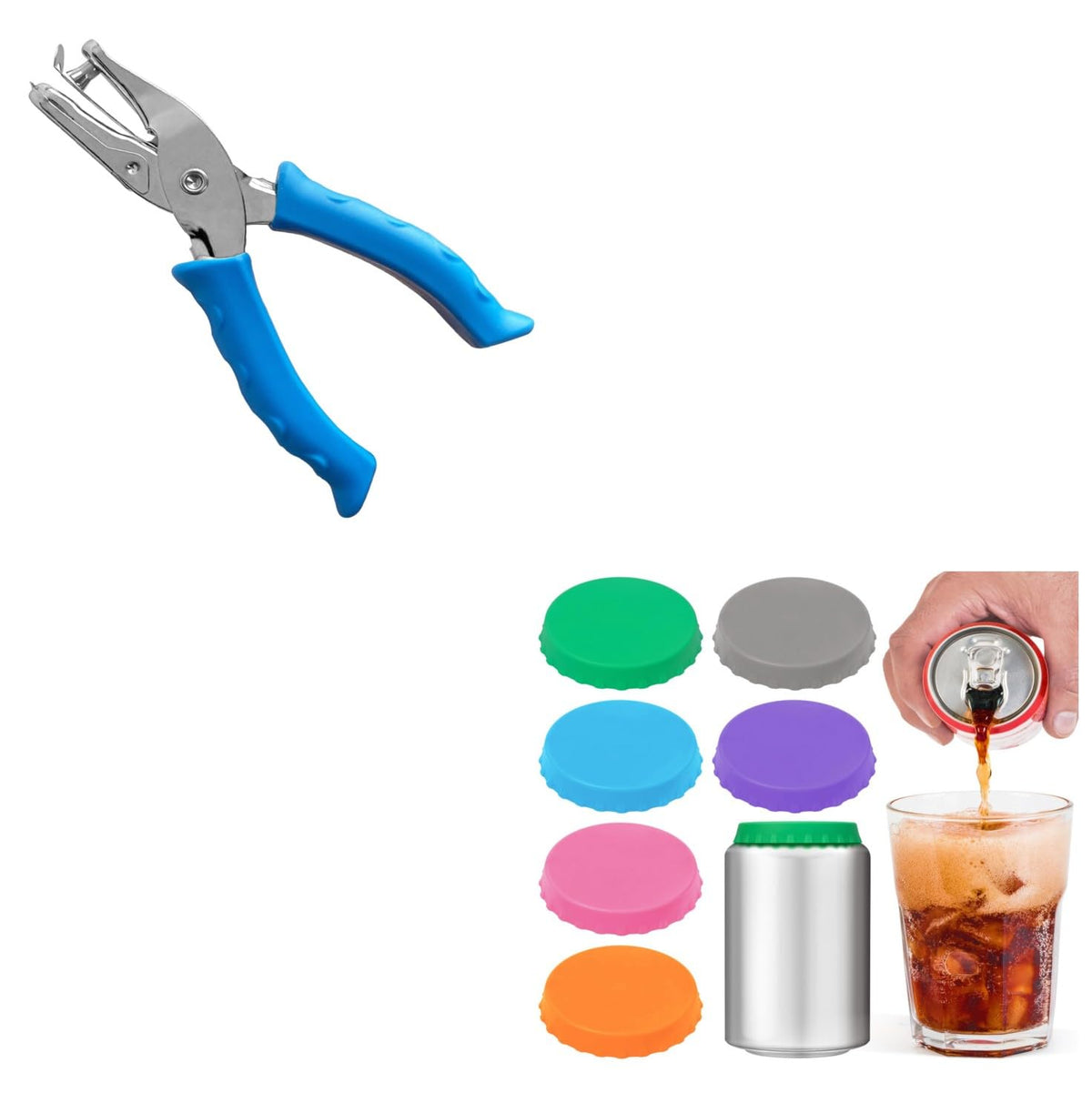 Single Hole Punch 1/4” Hole Puncher for Crafts, One Hole Paper Punch + 6 Pack Silicone Soda Can Cover Lids, Reusable Soda Can Lids