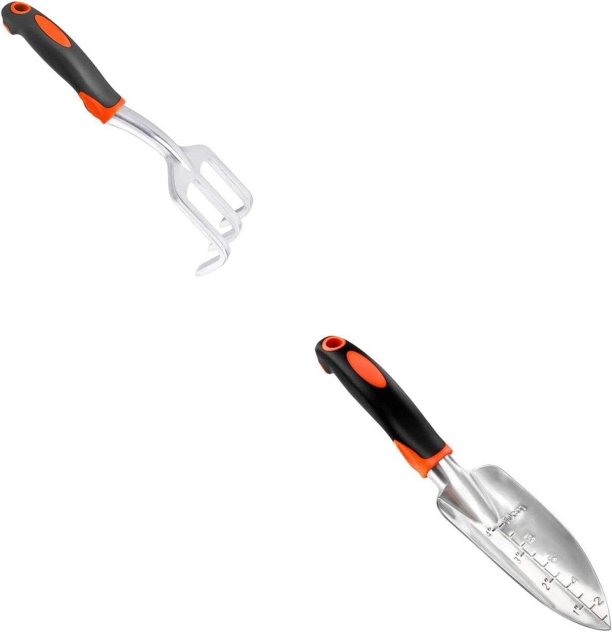 Hand Rake Garden Tool, Heavy Duty Hand Cultivators for Gardening + Garden Shovel Trowel Garden Tool with Measurement Mark