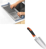 Garden Shovel Garden Hand Trowel, Heavy Duty Hand Shovel with Ergonomic Handle + Over The Sink Dish Drying Rack, Roll Up Dish Drying Rack Kitchen Dish Rack