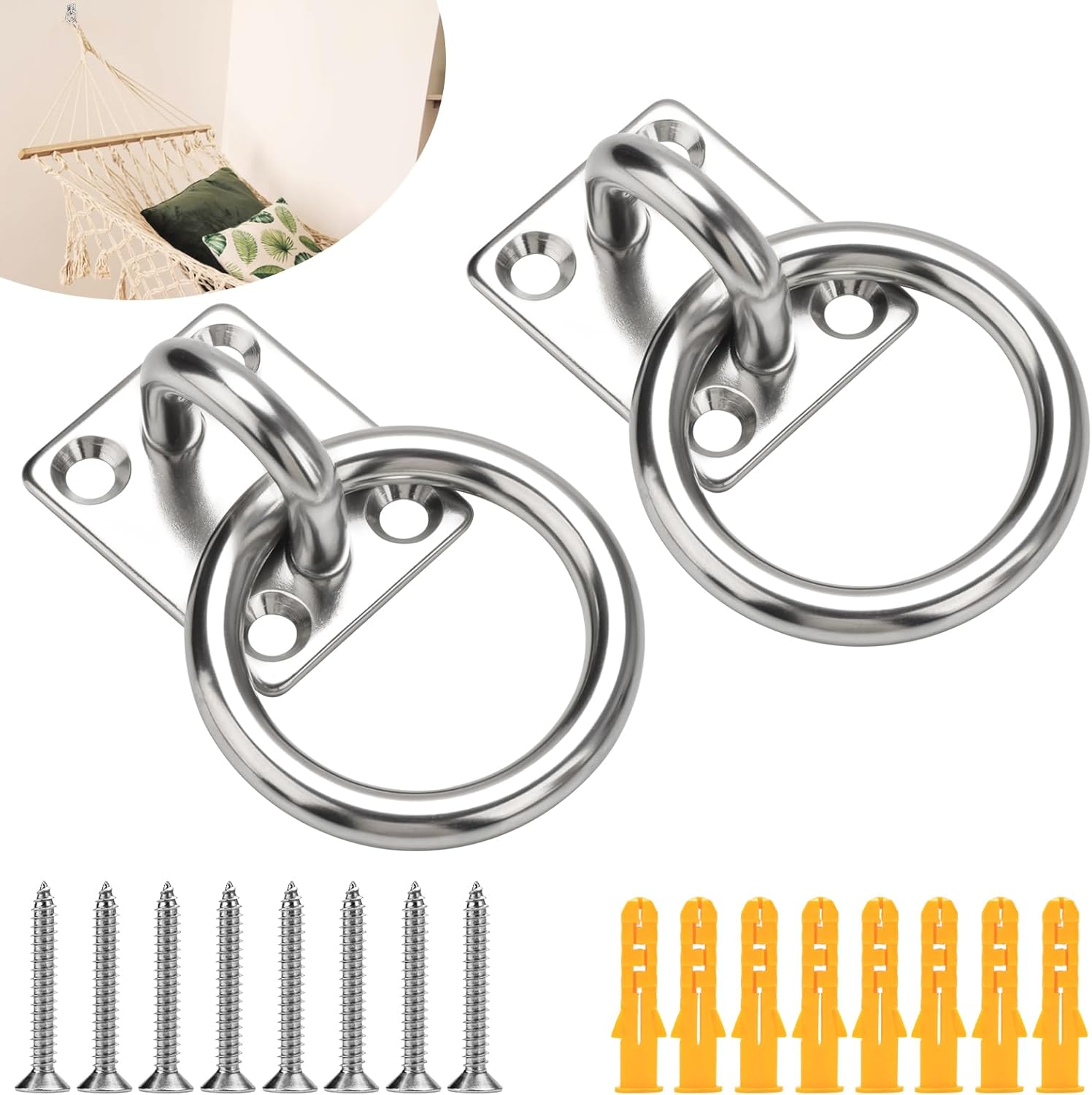 AccEncy 2Pcs M8 Stainless Steel Extra Large Heavy Duty Ring and Square Wall Mount Ceiling Indoor/Outdoor Hooks