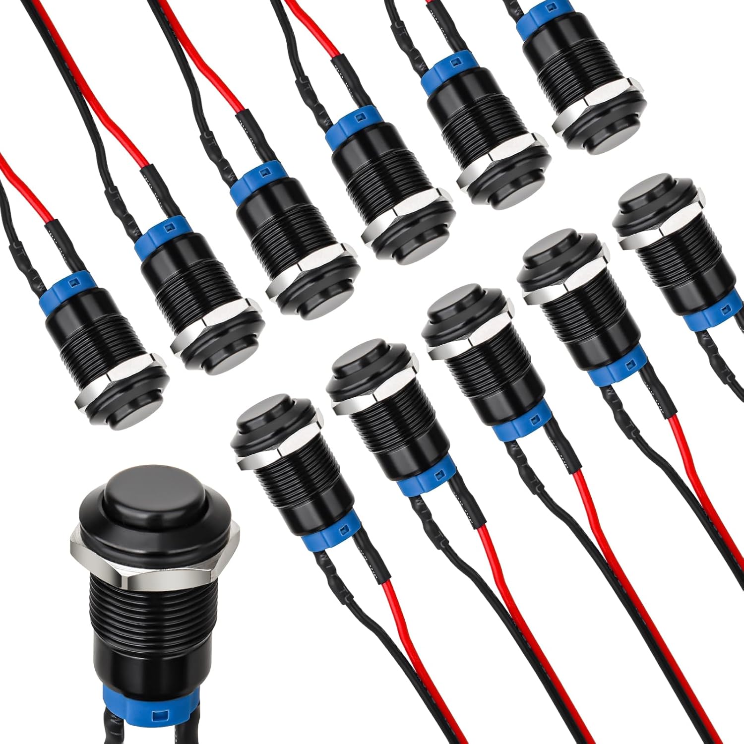 12mm Latching Push Button Switch - Raised Head, Normally Open ON - Off, with Pre - soldered Cable, Aluminium Alloy Shell, for 12V/24V/36V/110V, Waterproof IP66, Without LED (10PCS)