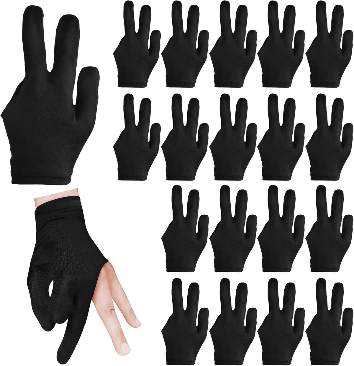3 Fingers Pool Gloves 20Pcs Billiard Glove Universal Cue Sports Gloves Pool Left Right Hand Gloves Breathable Elastic Show Gloves Sport Gloves for Billiard Accessories, Black