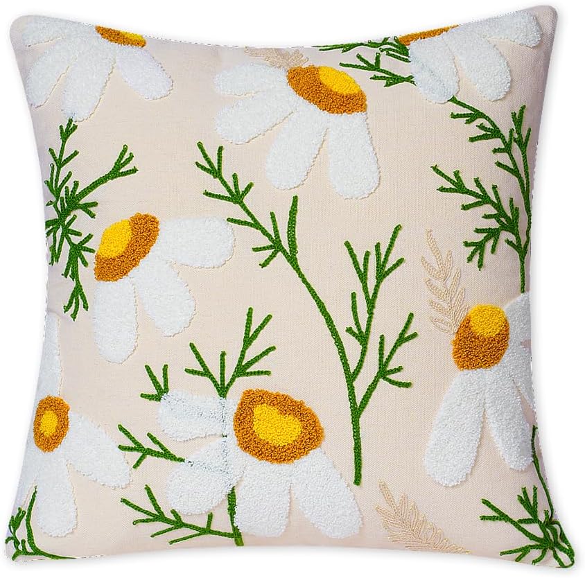 Embroidered Throw Pillow Covers, Soft Pillow Cases Couch Pillow Covers with Zipper, Decorative Cushi Covers for Sofa Living Room Couch Bed,18x18 inch (Daisy)