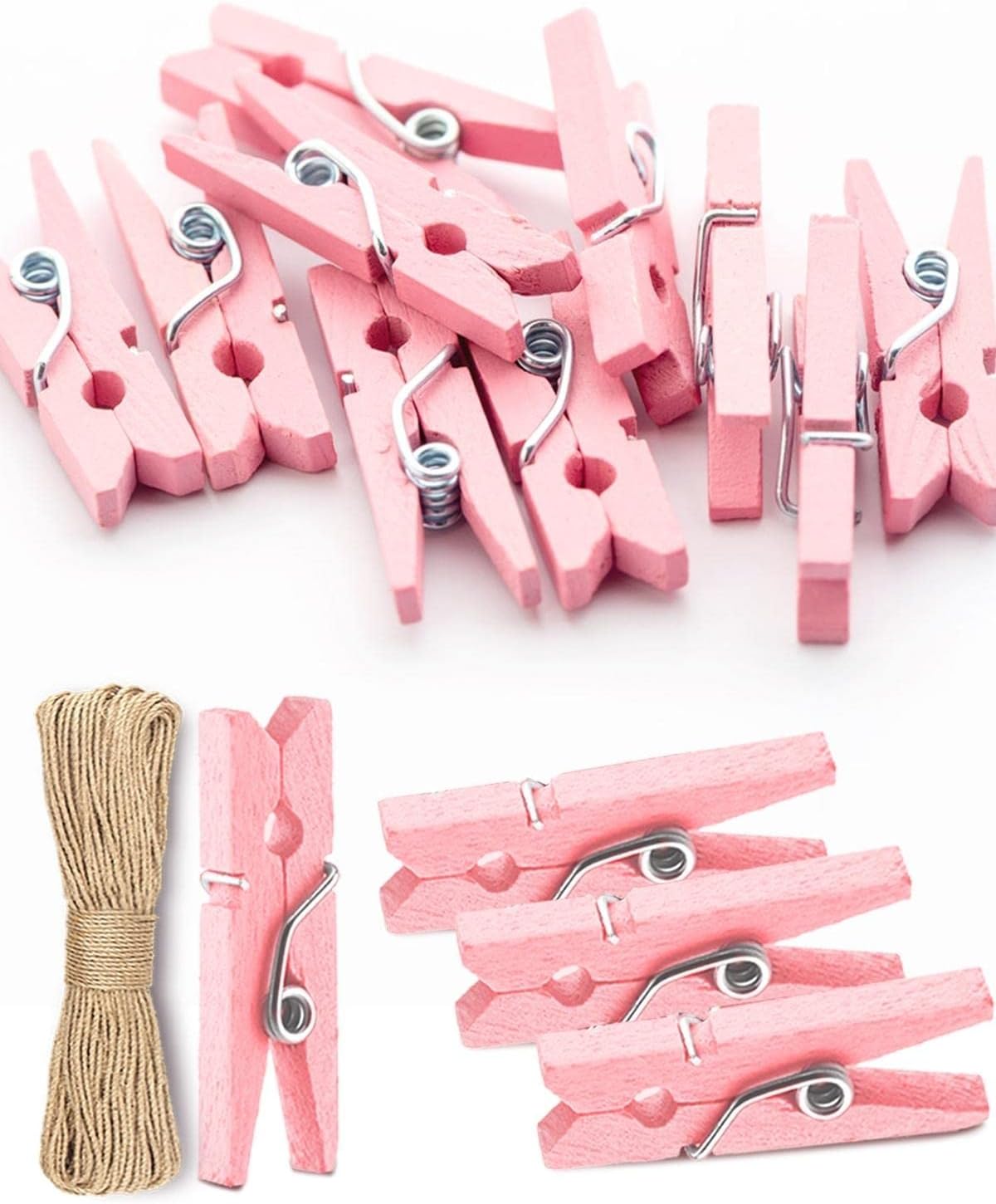 Mini Clothes Pins for Photo, Sturdy Natural Wooden Clothespins 150 Pcs 1 Inch with 33 FT Jute Twine, Small Clips for Crafts Display Baby Shower Game Hanging Decorative Pictures Weddings, Pink