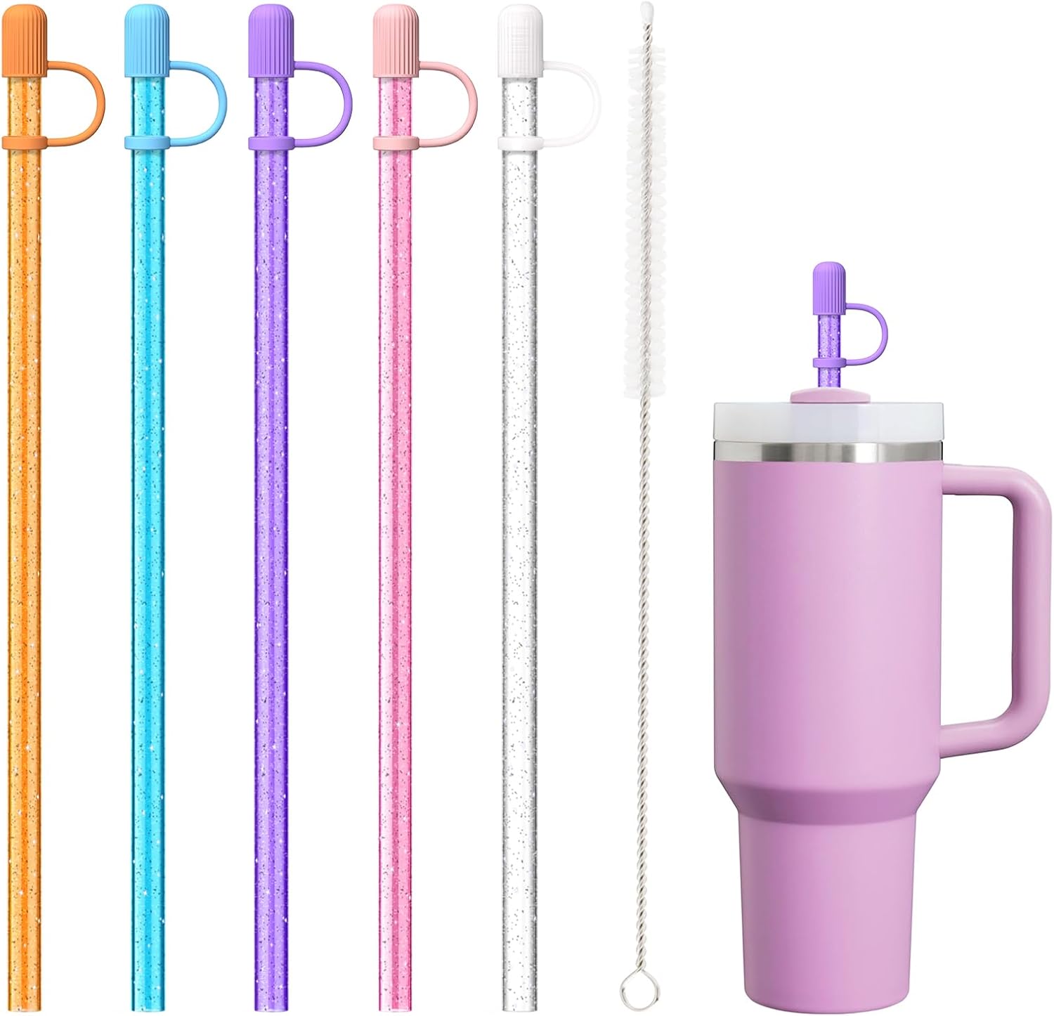 5 Straws with Cover Caps for Stanley 40 oz 30 oz 64 oz Cup Tumbler, Color Glitter Reusable Straws with Cleaning Brush, Stopper, Topper for Stanley and other brand's Tumbler Accessories