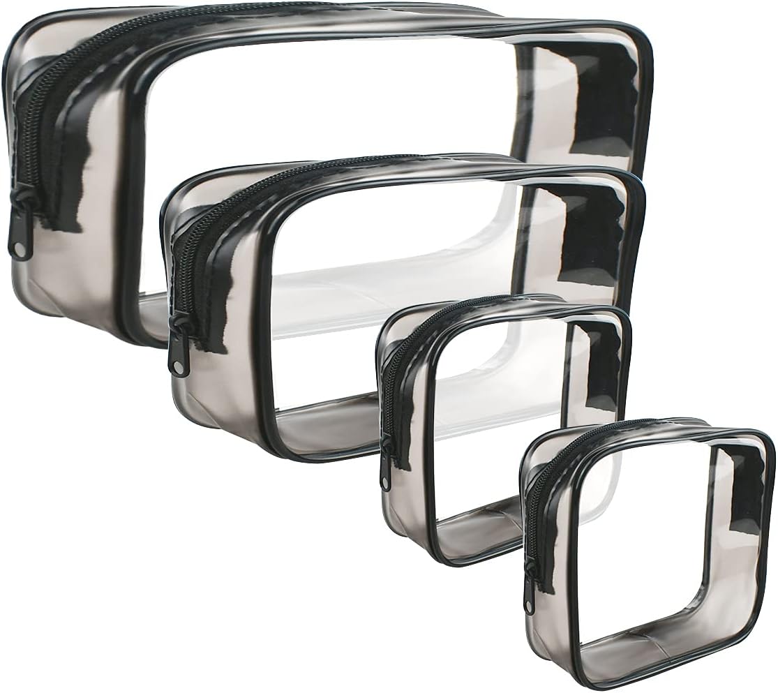 4 Pack Clear Cosmetic Bag for Travel - TSA Approved Toiletry Makeup Pouch Carry-on Airport Airline Compliant Portable PVC Waterproof With Zipper Women Quart Size Set 