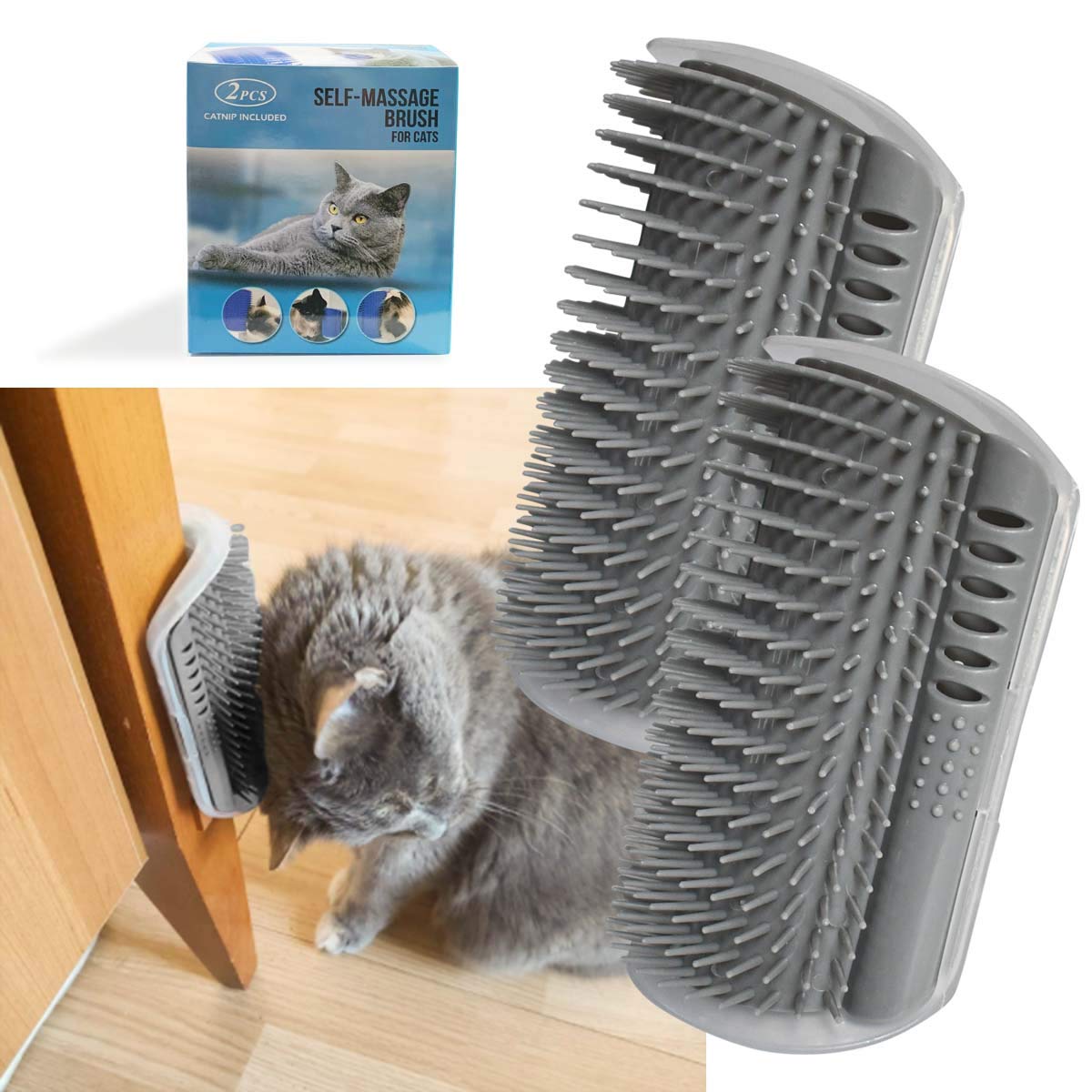 2 Pack Softer Self Groomer with Catnip Wall Corner Massage Comb Scratcher Grooming Brush Tool for Long & Short Fur Kitten Cats Dogs (Gray) 