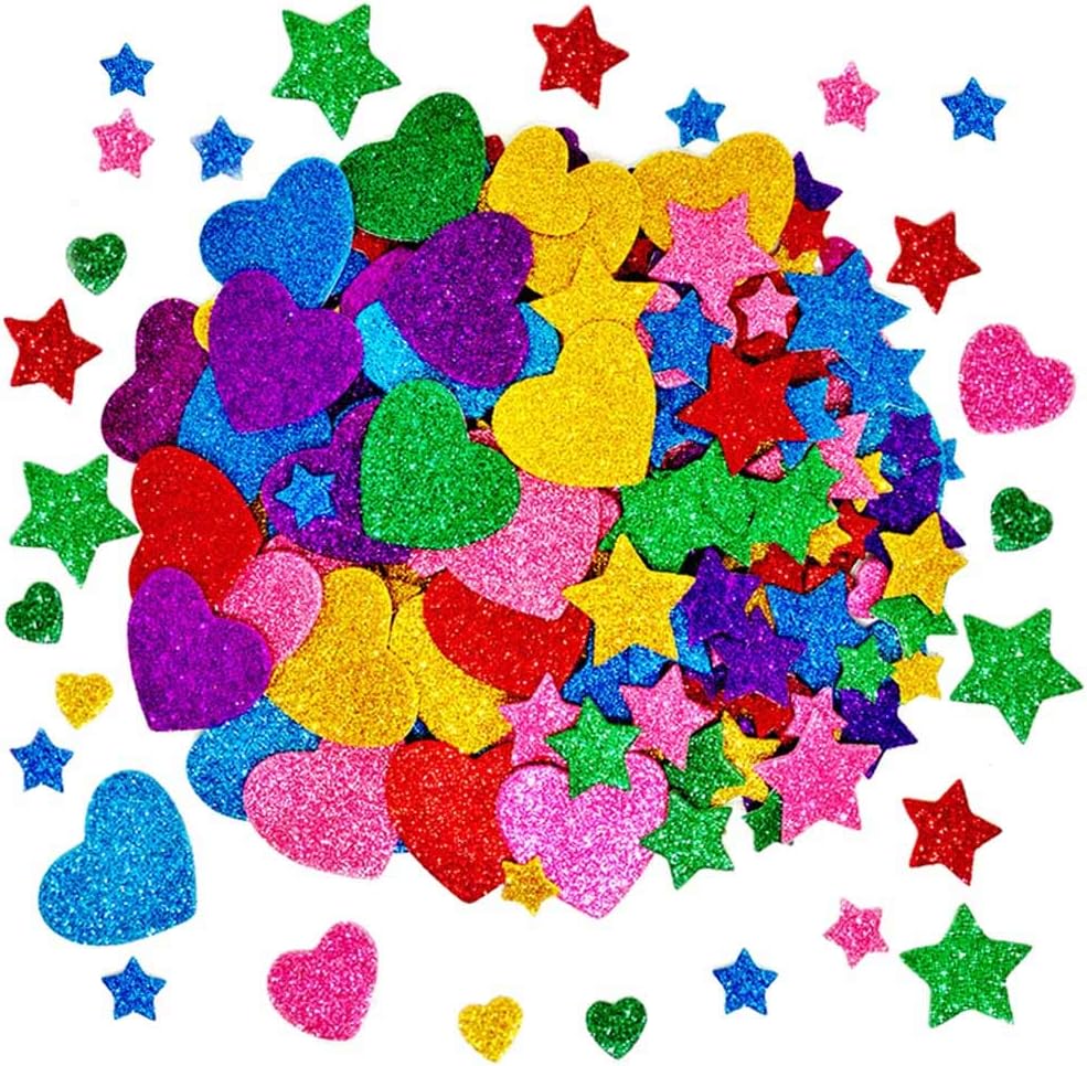 260 Pieces Colorful Glitter Foam Stickers Self Adhesive Stars Mini Heart Shapes Stickers, Arts Craft Supplies for Greeting Cards Home Decoration Stars&Heart 