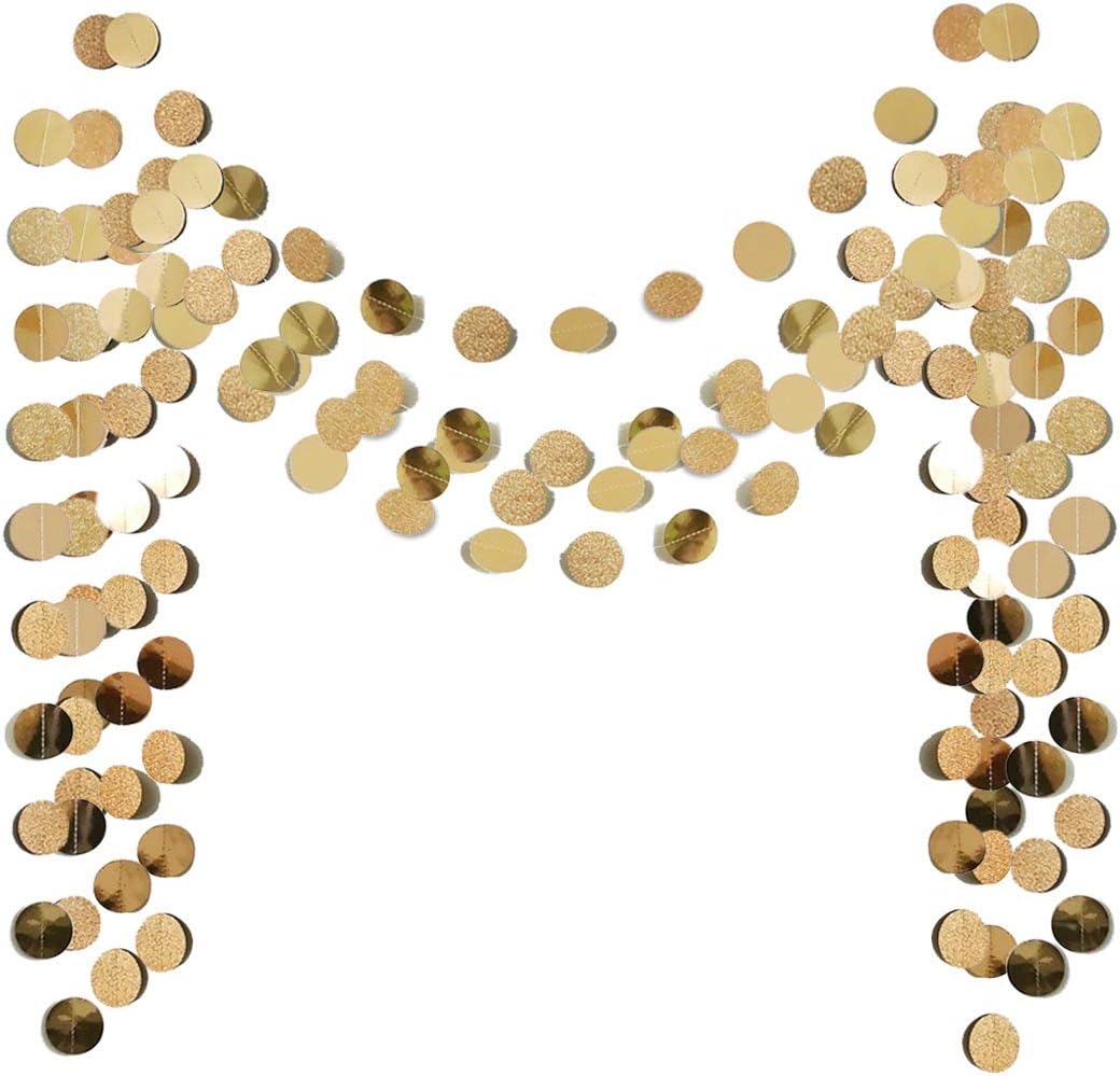 6 Pcs Glitter Champagne Gold Paper Circle Dots Garland (52 Feet) Party Hanging Bunting Birthday Decorations Engagement Bridal Shower Wedding Baby Christmas Supplies Photo Backdrop 
