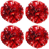 Petluno 4 Pack (2 Pair) Metallic Foil Cheerleader Pom Poms & Plastic Ring Cheer with Baton Handle Cheerleading Pompoms for Sports Party Dance Team Accessories Cheering Squad Spirit (Red Silver) 