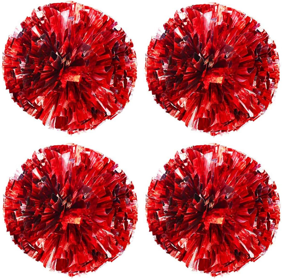 Petluno 4 Pack (2 Pair) Metallic Foil Cheerleader Pom Poms & Plastic Ring Cheer with Baton Handle Cheerleading Pompoms for Sports Party Dance Team Accessories Cheering Squad Spirit (Red Silver) 