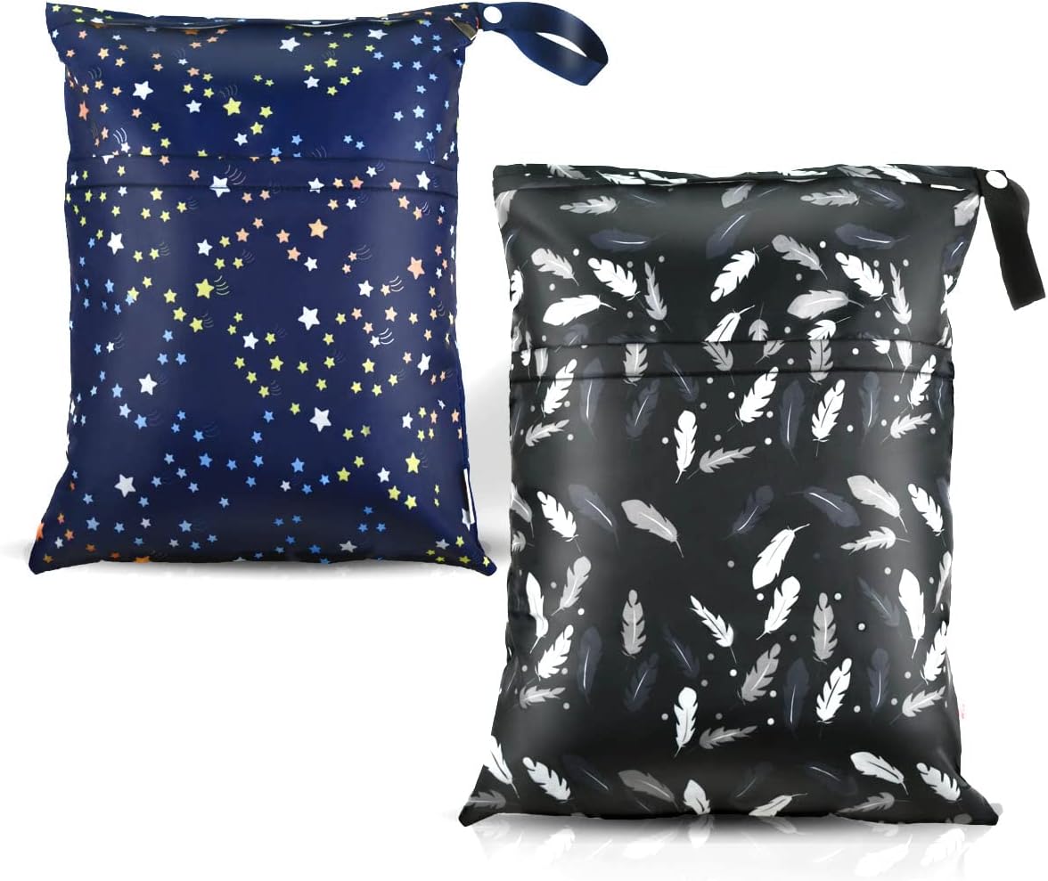 2 Pcs Waterproof Reusable Wet Dry Bag for Diaper Baby Cloth Gym Clothes Washable Travel Bags Beach Pool Swimsuits Pockets with Two Zippered Dirty Diapers Stroller Yoga Toiletries Daycare Organizer