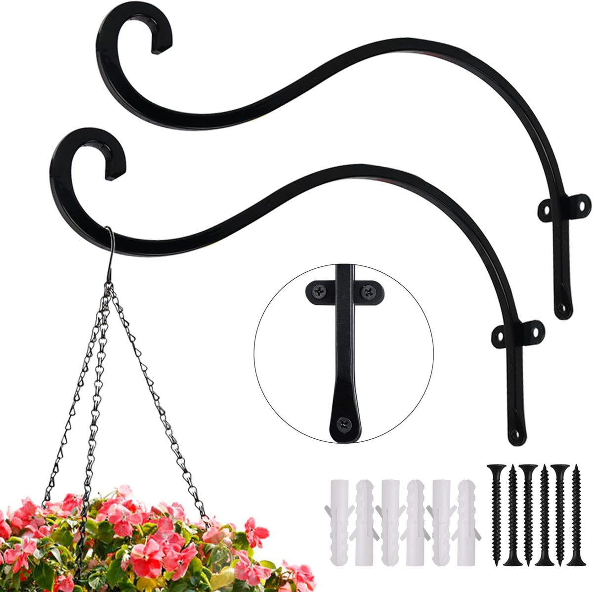 2 Pack Plant Hanger Outdoor, 12 Inch Heavy-Duty Hanging Plant Hook for Outside Basket, Black Metal Wall Mount Plant Bracket Hook for Flower Baskets Bird Feeder