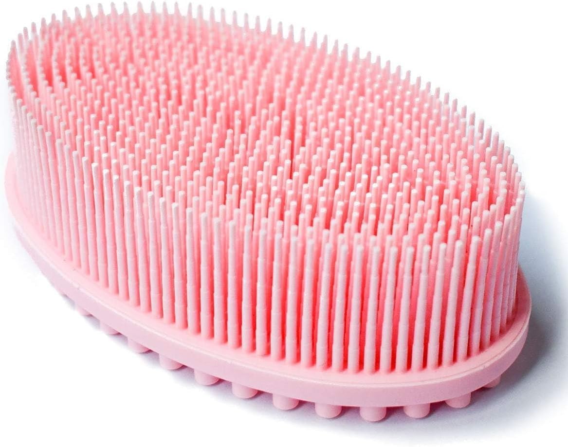 Exfoliating Silicone Body Scrubber Bath Brush Glowing Skin Shower Loofah for Gentle Long Lasting Lathers Well & More Hygienic Than Traditional (Pink) 