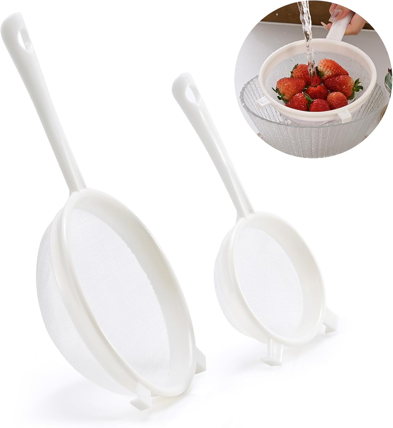 Kefir Strainer Set, 2-Size Plastic Non-Metal Sieve with Fine Mesh for Grains, Milk Kefir, Water & Kombucha - Durable, Food Grade Easy Clean White 