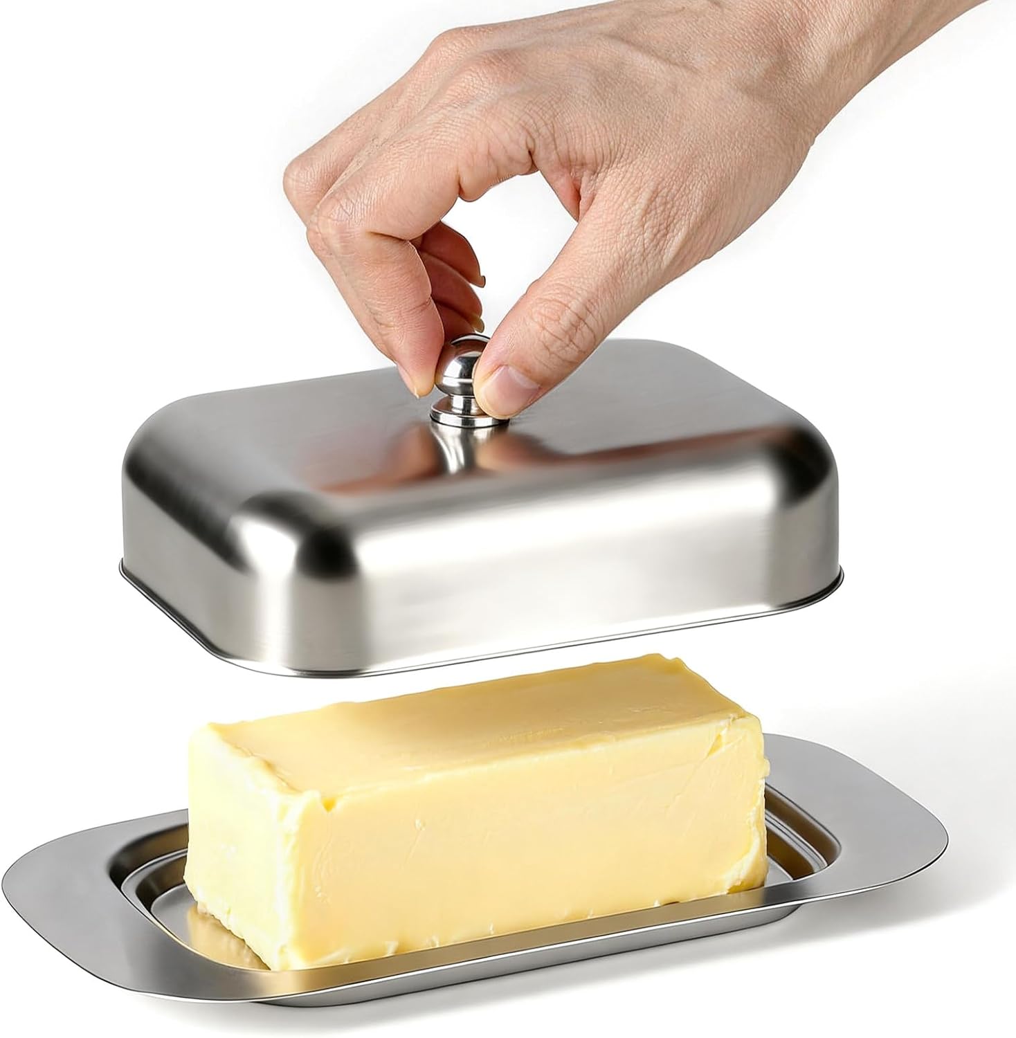 Stainless Steel Butter Dish with Lid and Handle, 7.5" x 5", Keeps Fresh, Fits Standard Sticks 