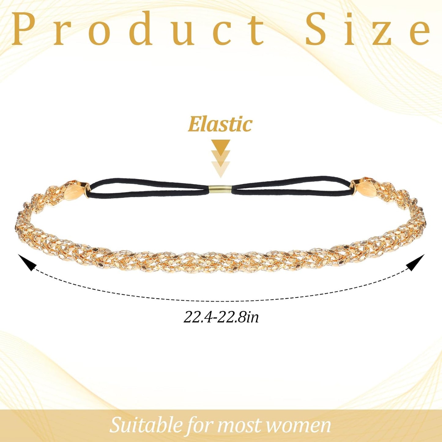 Xindojuz Gold Elastic Rhinestone Headband, 19" Adjustable 70s Headband Sparkly Crystal Disco Braid Headpiece for Women Girls Hair Accessories Singing Dancing Weddings Party Prom(Gold)