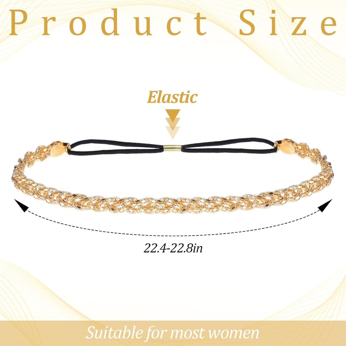 Xindojuz Gold Elastic Rhinestone Headband, 19" Adjustable 70s Headband Sparkly Crystal Disco Braid Headpiece for Women Girls Hair Accessories Singing Dancing Weddings Party Prom(Gold)