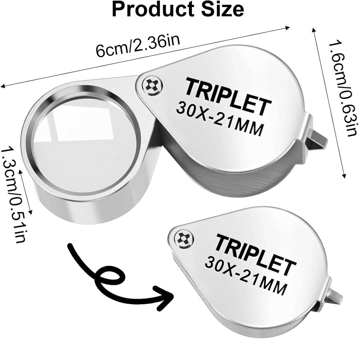 Xindojuz 2 PCS Jewelers Loop Magnifier, Pocket Foldable 30X 21mm Jewelry Eye Small Magnifying Glass Jewelers loupe Magnifier Set for Gems Diamonds Plants Coins Stamps Antiques and More (Silver)