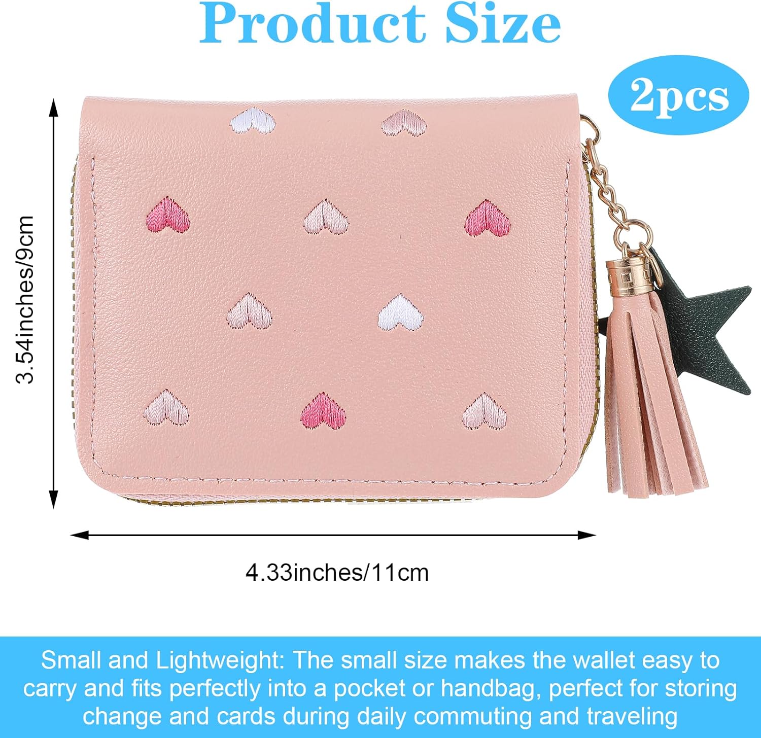 2 PCS Wallets for Girls, Small PU Leather Girls Wallets for Kids 6-8 with Zipper and Card Slots, Cute Credit Card Holder with Heart-embroidery Star Tassels Pendant for Kids Women (Blue, Pink)