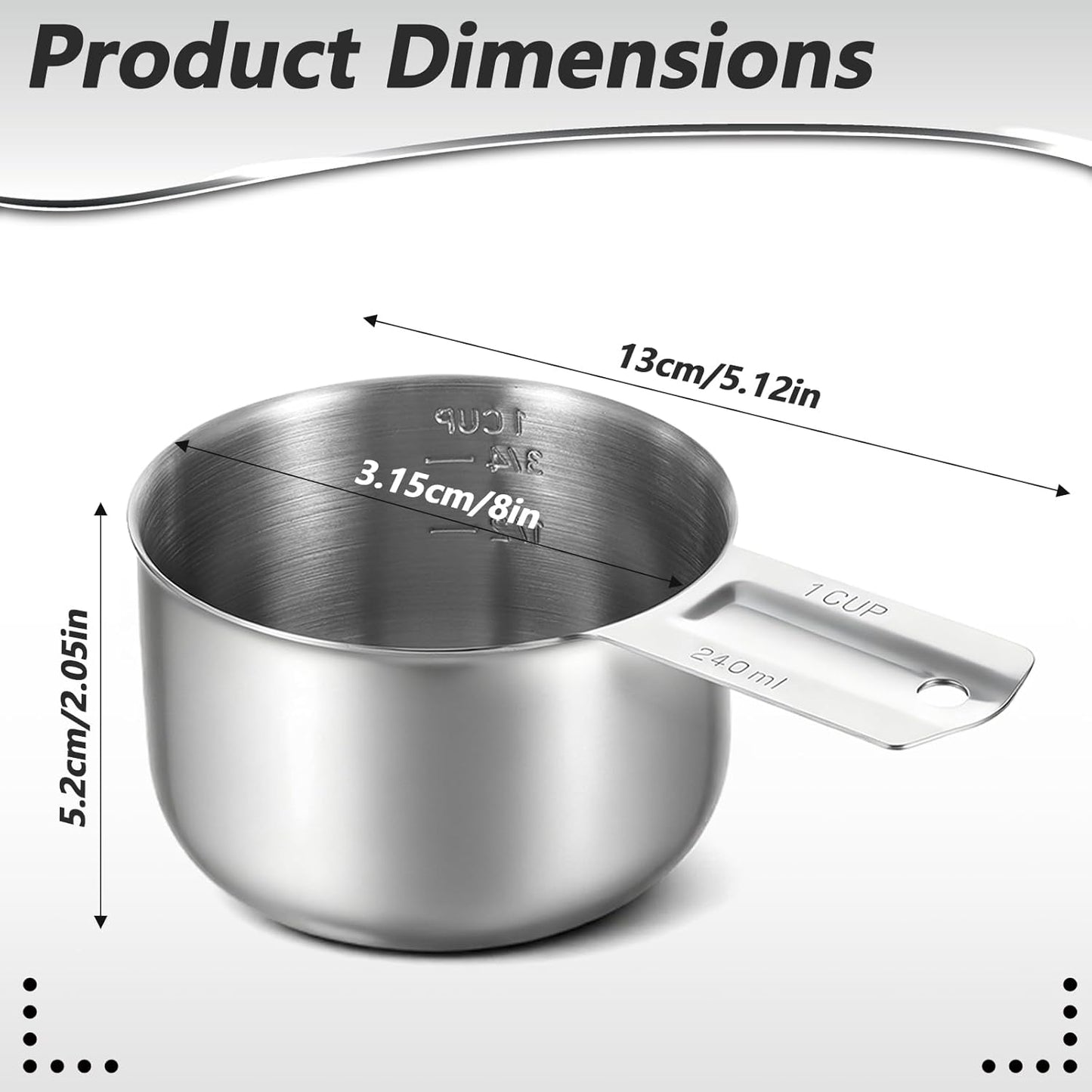 Xindojuz 1 Cup Single Stainless Steel Measuring Cup, Etched Inner Scale Metal Measure Scoop for Cooking Baking, Laundry Detergent, Wet and Dry Ingredients, Dishwasher Safe (240 ml, 8 oz)