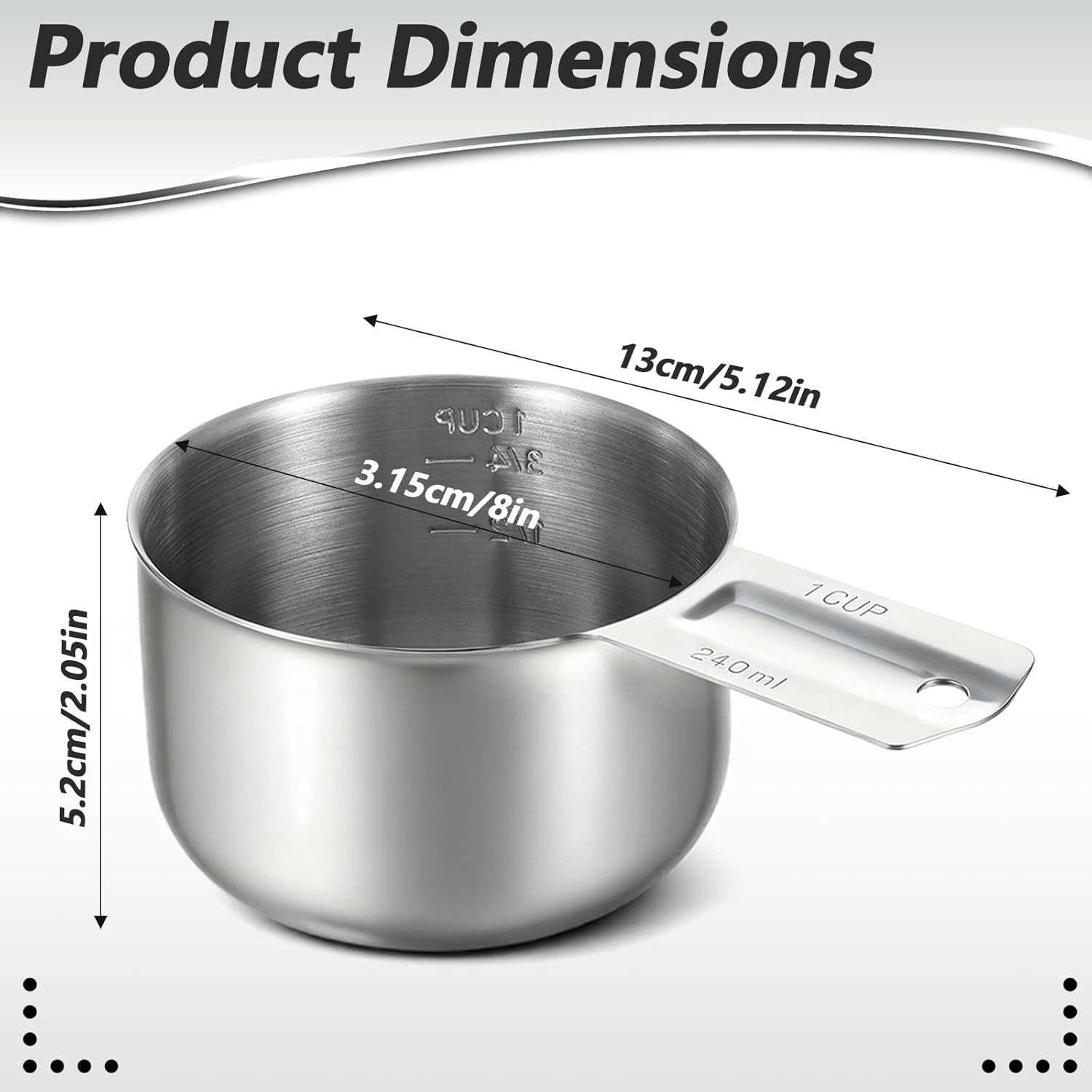 Xindojuz 1 Cup Single Stainless Steel Measuring Cup, Etched Inner Scale Metal Measure Scoop for Cooking Baking, Laundry Detergent, Wet and Dry Ingredients, Dishwasher Safe (240 ml, 8 oz)