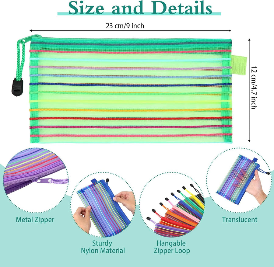 Glenmal 16 Pack Zipper Mesh Pouch Pencil Pouches Cases Multipurpose Storage Bag Travel Bags for Office Classroom Supplies Toiletries Cosmetic Puzzles Storage