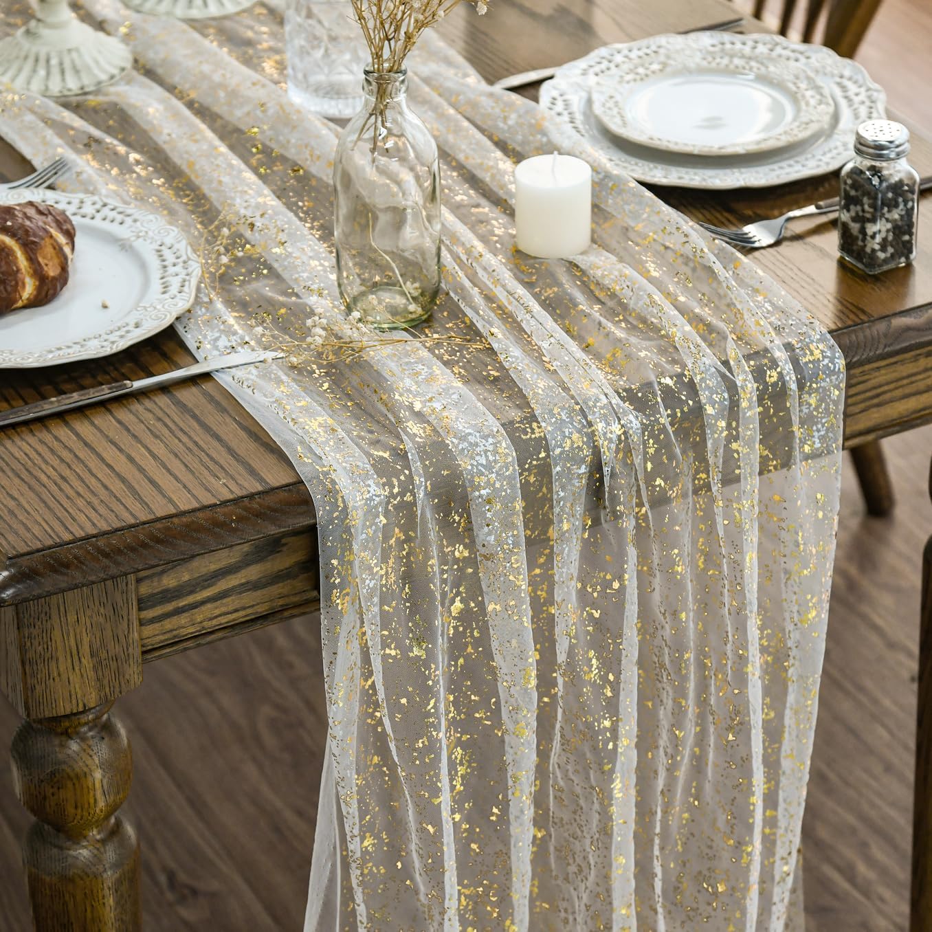 Beige Gold Gauze Table Runner 120 Inch 10FT, Glitter llic Foil Sheer Dining Wedding Anniversary Holiday Birthday Table Decor for Home Party