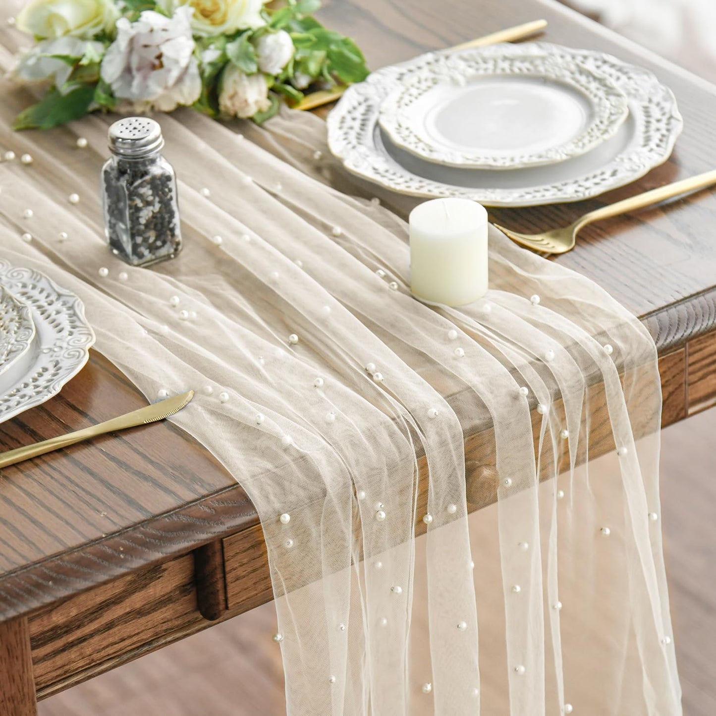 Pearl Beige Gauze Table Runner 120 Inch 10FT, Seasonal Sheer Dining Holiday Wedding Birthday Baby Shower Table Decor for Home Party