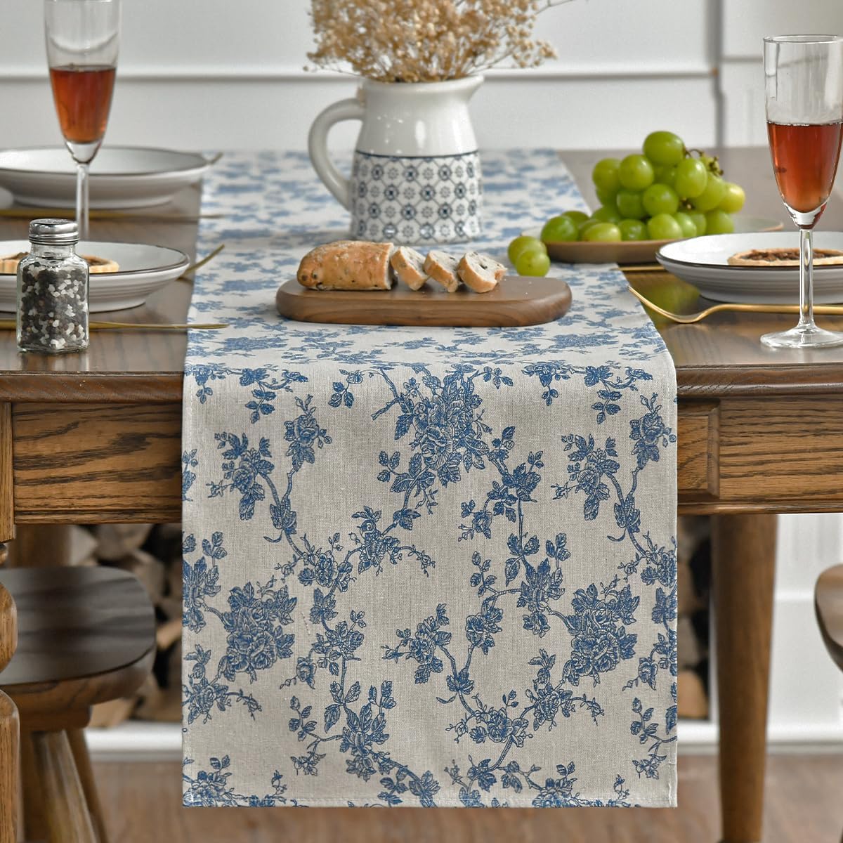 Monochrome Sketch Branch Toile Textures Chinoiserie Cotton Dark Grey Table Runner, Seasonal Retro Vintage Kitchen Dining Table Decoration for Home Party Decor 13x72 Inch