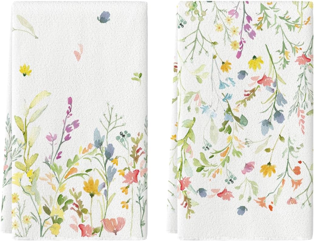 Wildflower Floral Spring Kitchen Towels Dish Towels, 18x26 Inch Farmhouse Summer Decoration Hand Towels Set of 2
