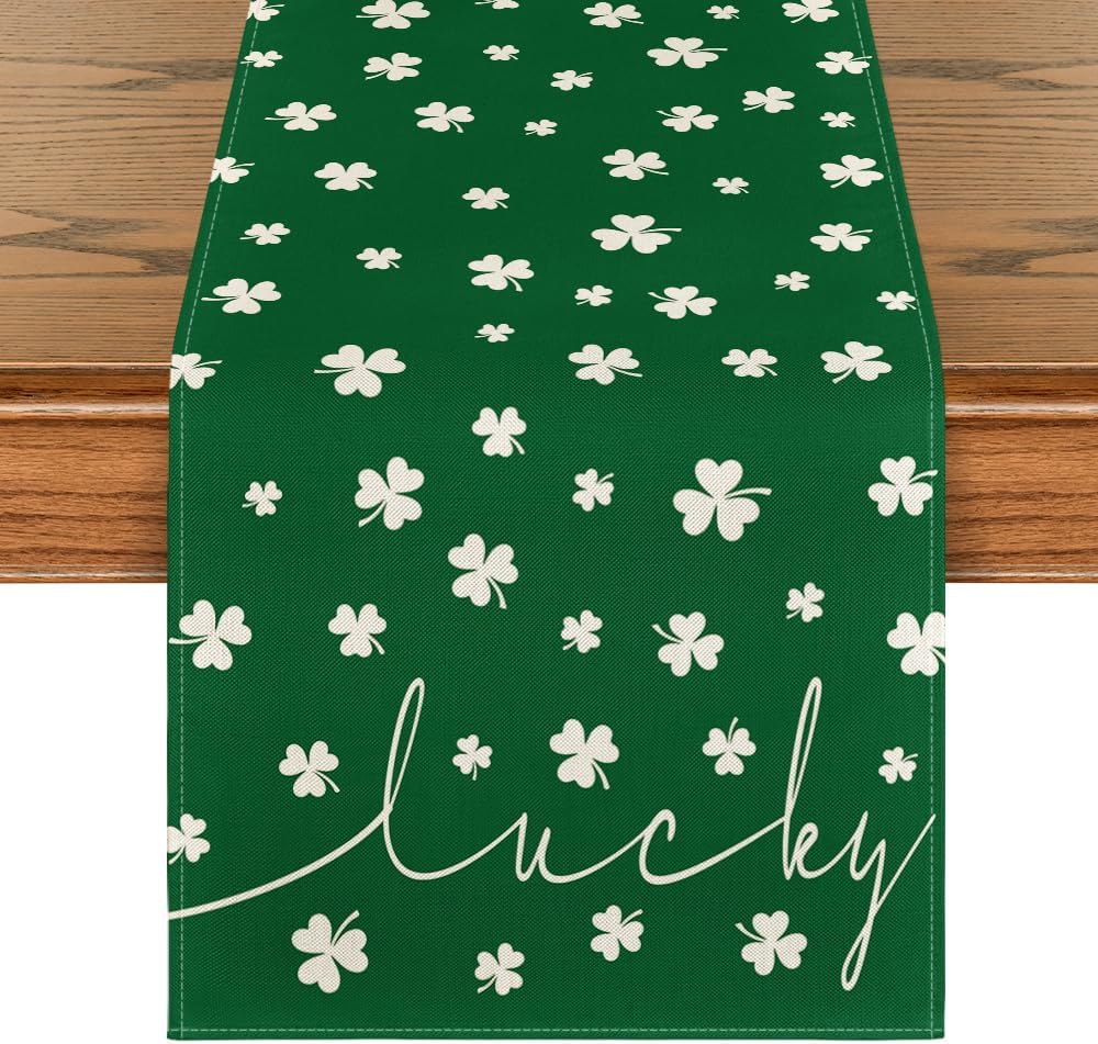 Green Lucky Shamrock St. Patrick's Day Table Runner, Seasonal Spring Holiday Kitchen Dining Table Decoration for Indoor Outdoor Home Party Decor 13 x 72 Inch