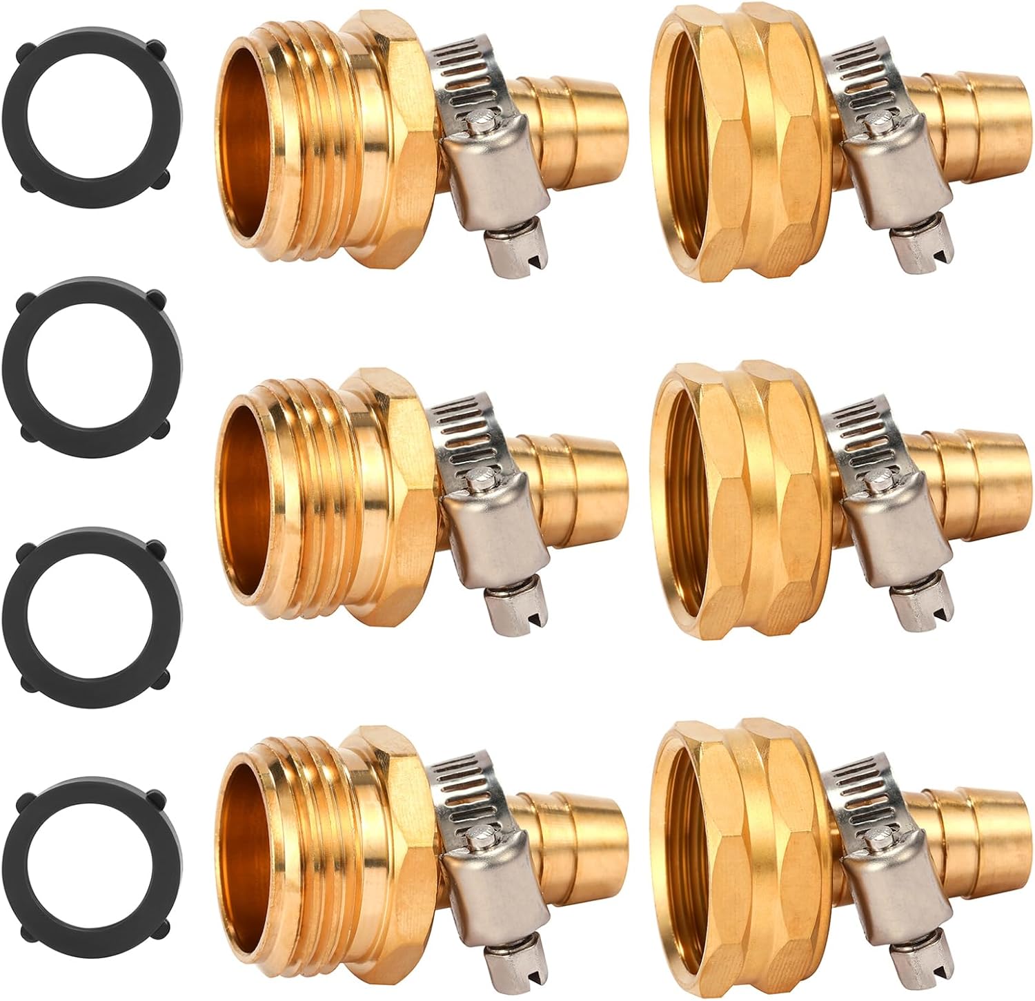 Brass Garden Hose Connector Repair Mender Kit with Stainless Clamp,Fits 1/2" Water Hose Fitting,3 Sets(1/2" Barb x 3/4" GHT)