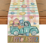 Pink Yellow Buffalo Plaid Carrot Egg Truck Daisy Happy Easter Table Runner, Seasonal Kitchen Dining Table Decoration for Indoor Home Party 13x72 Inch