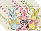 Bunny Rabbits Eggs Easter Placemats Set of 4, 12x18 Inch Floral Bow Seasonal Spring Holiday Table Mats for Party Kitchen Dining Decoration